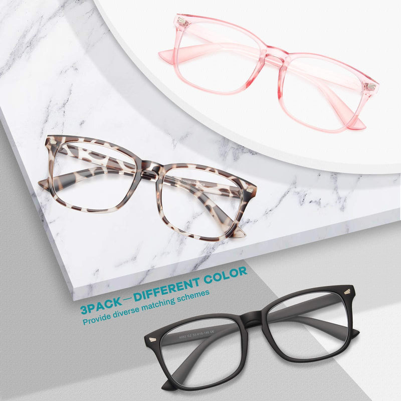 Gaoye 3-Pack Blue Light Blocking Glasses, Fashion Square Fake Nerd Eyewear Anti UV Ray Computer Gaming Eyeglasses Women/Men Matte Black+leopard+pink