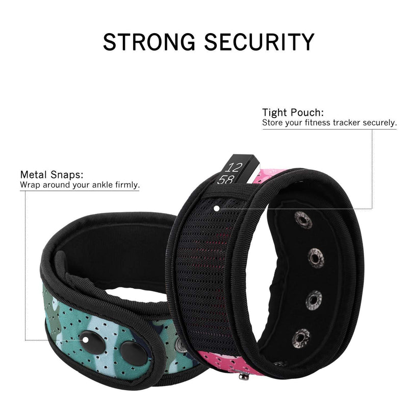 MoKo Sweatproof Ankle Strap Fit Fitbit Inspire/Inspire HR/Charge 2/Charge 3/Alta/Alta HR/Flex/Flex 2/Vivosmart HR, [2-Pack] Adjustable Fitness Tracker Ankle Band with Mesh Pouch - Blue + Pink Camouflage Blue + Camouflage Pink