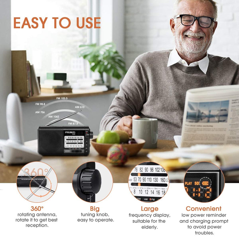 PRUNUS J-01 Portable Radio AM FM Shortwave Radios with Best Reception,Transistor Radios Rechargeable Battery Operated Electric Radio Support TF Card MP3 Play & Large Buttons and Large Dials