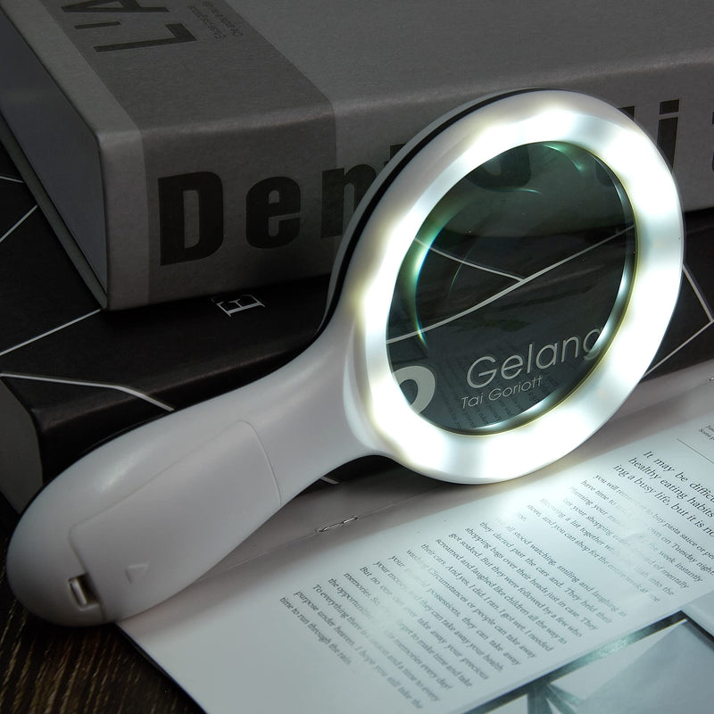 Magnifying Glass with Light, MOJINO 10X Lighted Large Handheld Reading Magnifier Glasses with 18 LED Lights for Macular Degeneration, Seniors & Kids Reading, Inspection, Coins, Jewelry, Exploring White