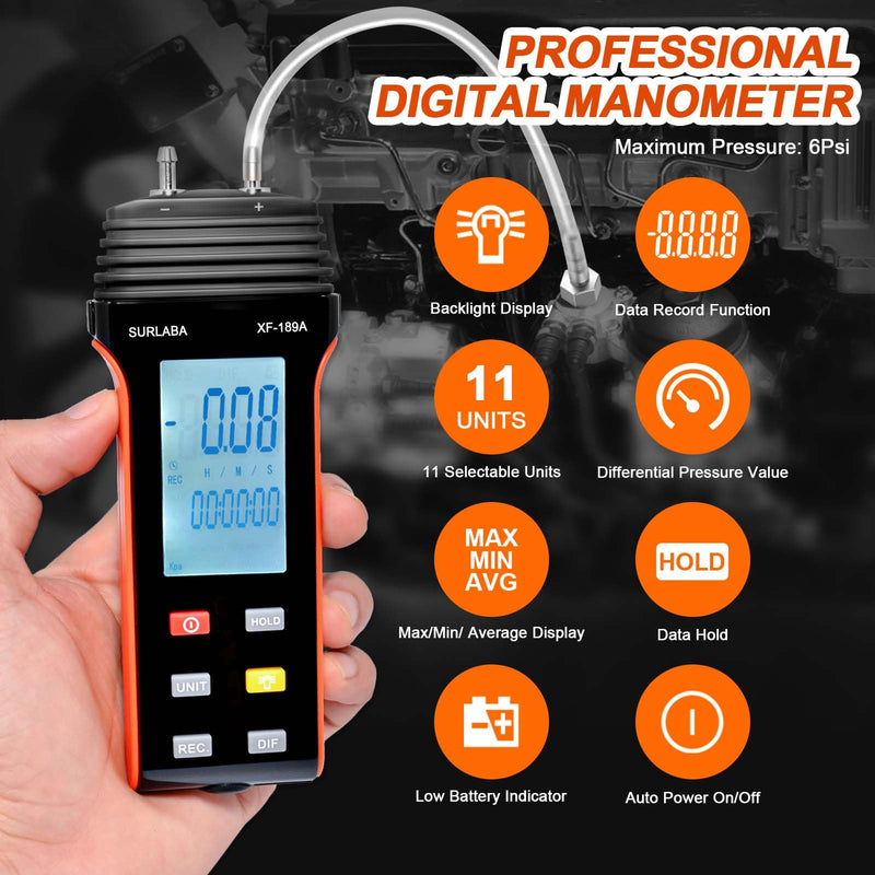 SURLABA Digital Pressure Gauge, Differential Pressure Gauge Measuring Range 6PSI, Gas Pressure Gauge with 11 Units, Differential Pressure Gauge for Differential Pressure of 1-2 Pipes, Ventilation, HVAC XF-189A (6Psi)