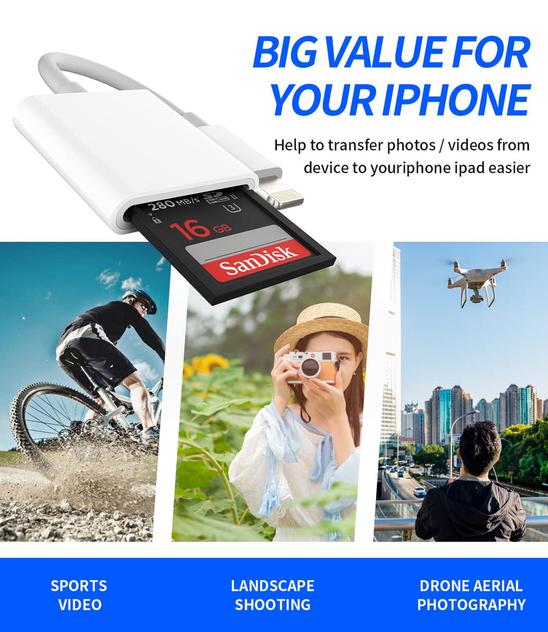 SD Card Reader Compatible for iPhone Memory Stick Lightning Adapter to Camera Ipad 13 12 11 Pro Max X Xs Xr 8 7 6 Plus 6s SE Air Mini Accessories Apple MFI Certified Adaptador Phone Camera Viewer