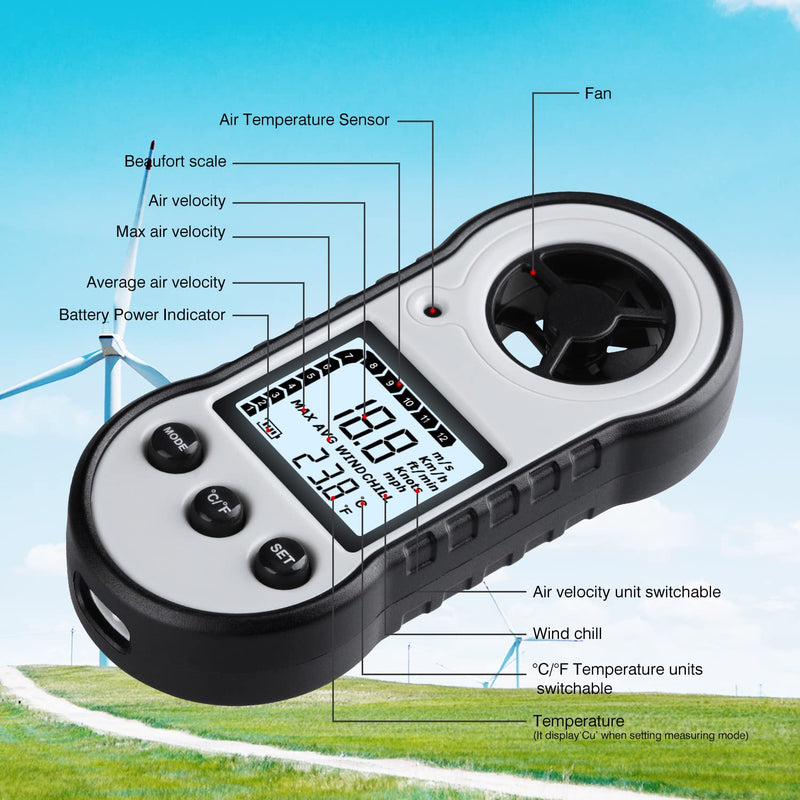 Digital Anemometer, Air Flow Meter with Wind Temperature Tool -10°C ~ 45°C, Anemometer for Measuring Airflow Speed, Anemometer for Sailing/Surfing/Fishing/Kite - Gray Gray.