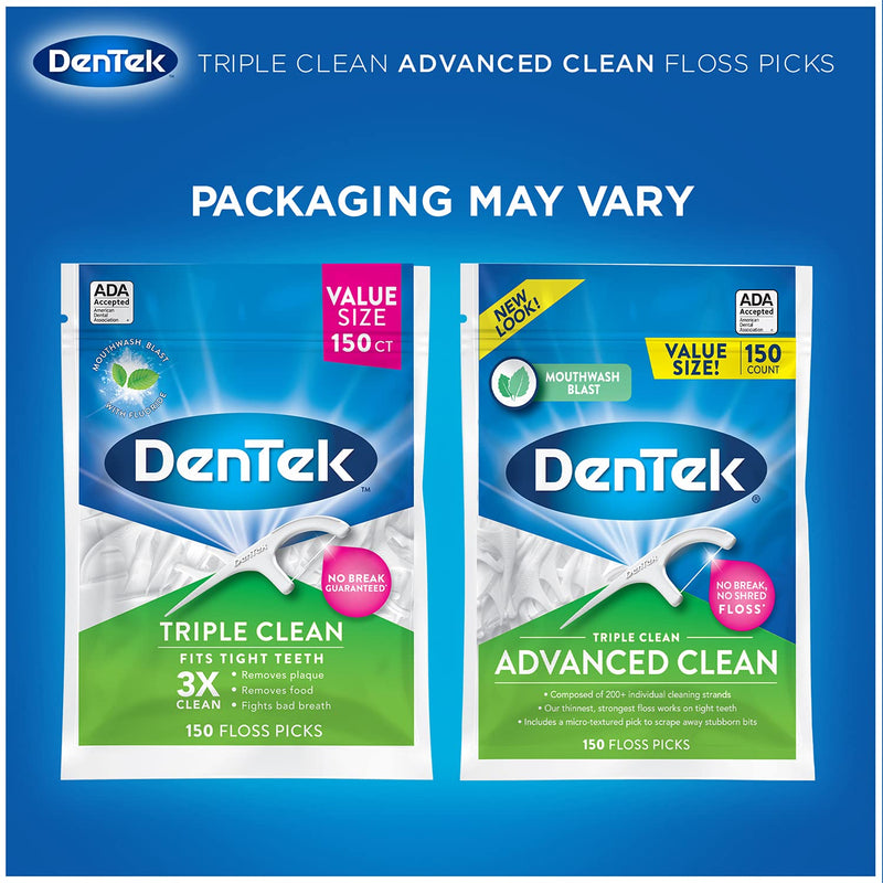 DenTek Triple Clean Advanced Clean Floss Picks, No Break & No Shred Floss, 150 Count 150 Count (Pack of 1)
