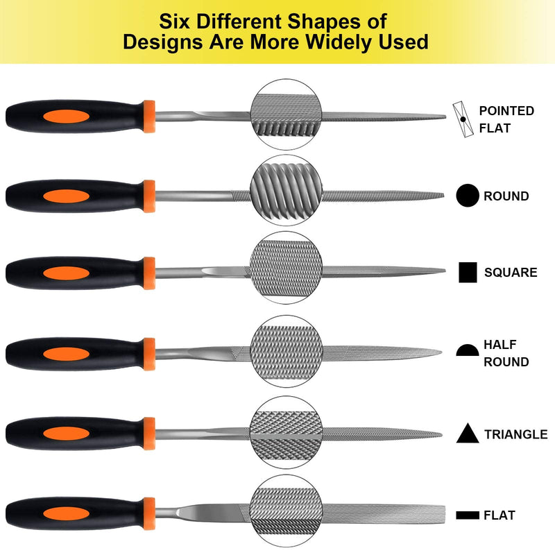 Preciva file set, workshop file set, 6 pieces. File set, file set including flat file, half round, round file, needle file for workshop DIY for rough machining and roughing orange
