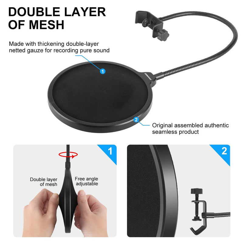 aokeo Professional Microphone Pop Filter Mask Shield For Blue Yeti and Any Other Microphone, Mic Dual Layered Wind Pop Screen With A Flexible 360° Gooseneck Clip Stabilizing Arm