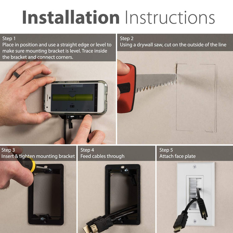Fosmon (5 Pack) Single Gang Wall Plate, Brush Style Opening Passthrough Cable Plate with Low Voltage Mounting Bracket