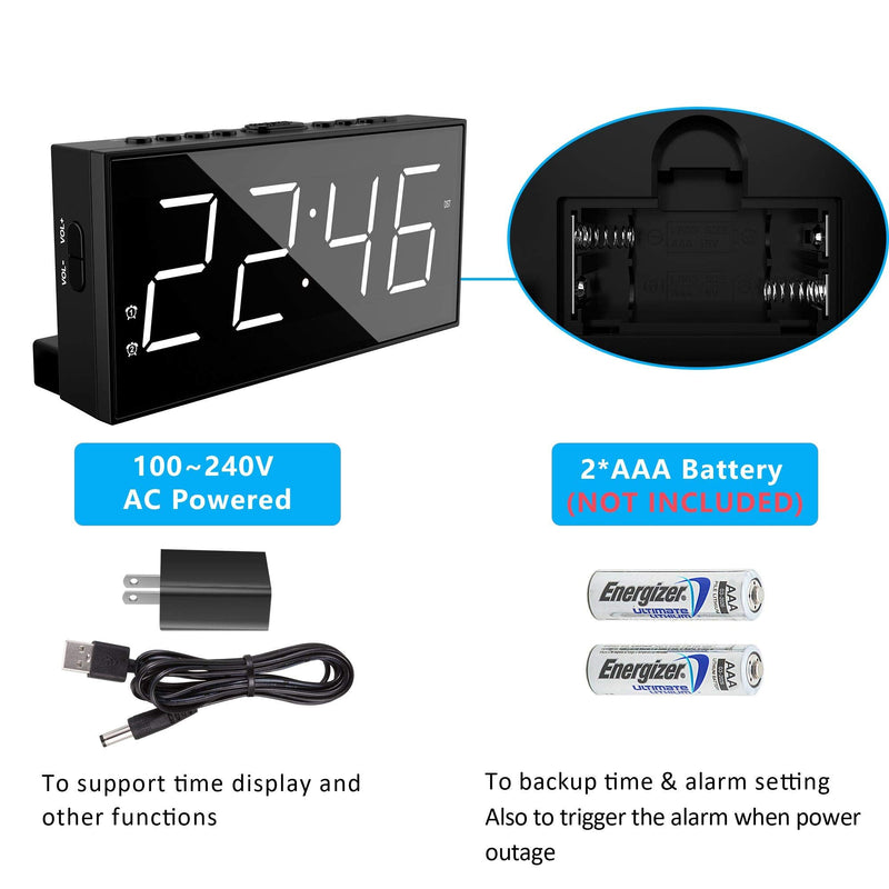 Alarm Clock for Bedroom, 2 Alarms Loud LED Big Display Clock with USB Charging Port, Adjustable Volume, Dimmable, Snooze, Plug in Simple Basic Digital Clock for Deep Sleepers Kids Elderly Home Office White Digits