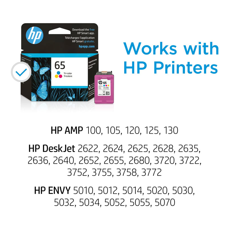 Original HP 65 Tri-color Ink Cartridge | Works with HP AMP 100 Series, HP DeskJet 2600, 3700 Series, HP ENVY 5000 Series | Eligible for Instant Ink | N9K01AN