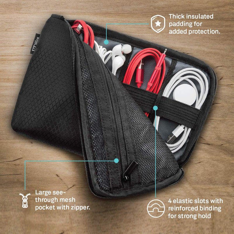 UT Wire Pocket Travel Organizer Case with Zipper for Charger, Cable, Power Bank, Flash Memory Accessories Holder in Black 1-Pack 1 Pack