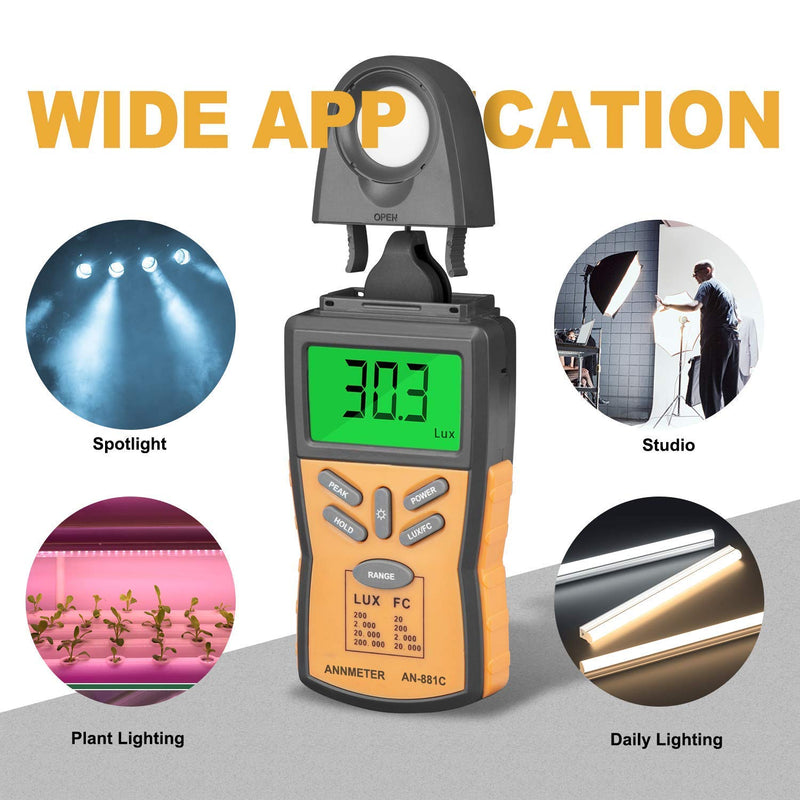 ANNMETER AN-881C Digital Illuminance Meter, Lux Meter with 0.1~200,000 Lux (0.01~20,000FC) Measuring Ranges, Light Meter for Plants and Photography, Lumen Meter with Data Hold and Back Light AI-881C Illuminance meter Range 0.1~200,000Lux