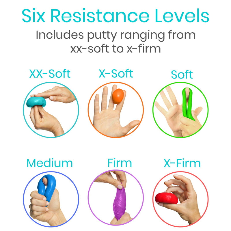 Vive Exercise Putty (6-Pack) - Therapeutic, Occupational and Therapy Tool - Thinking and Stress - Finger, Hand Grip Strength Exercises - Extra Soft, Soft, Medium, Firm Sensory Kit - Squeezable Ball