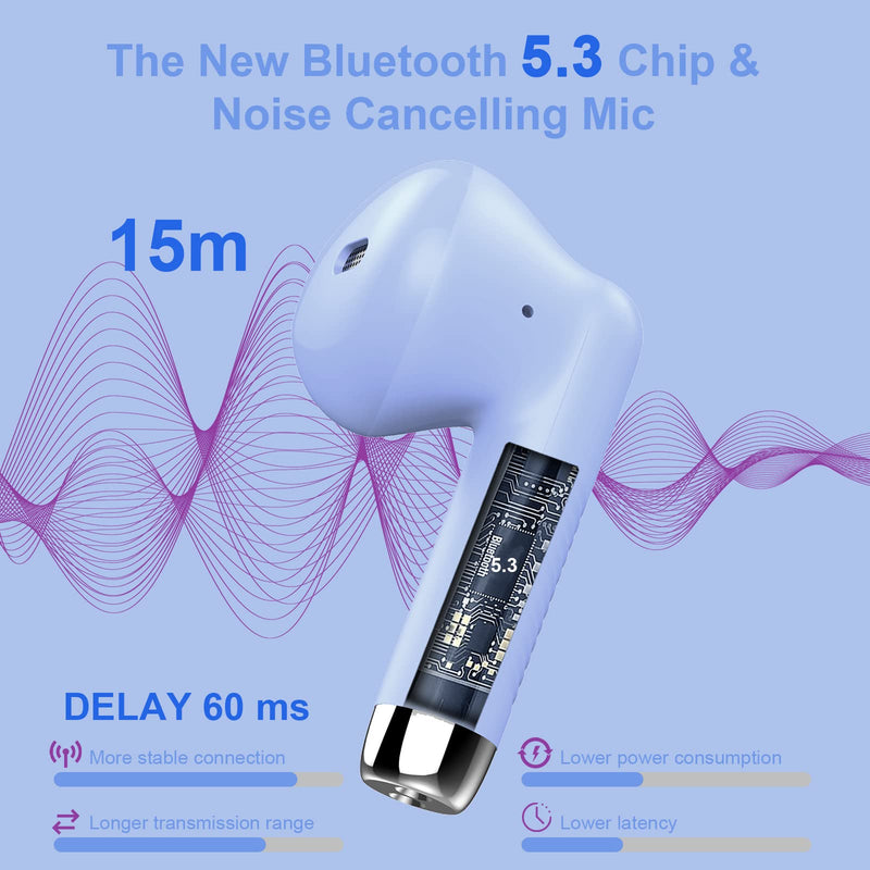 Wireless Earbuds, Bluetooth 5.3 Headphones in Ear with Noise Cancelling Mic, Bluetooth Earbuds Stereo Bass, IP7 Waterproof Sports Earphones, 32H Playtime USB C Charging Ear Buds White for Android iOS Purple