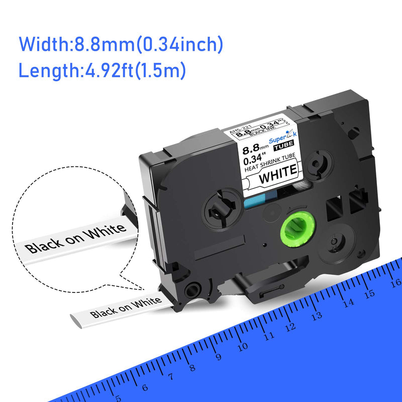 SuperInk 5 Pack Compatible for Brother HSe-221 HSe221 HS-221 HS221 Black on White Heat Shrink Tube Label Tape use in PT-D210 PT-D400 PT-E300 PT-E500 PT-P750WVP Printer (0.34''x 4.92ft, 8.8mm x 1.5m)