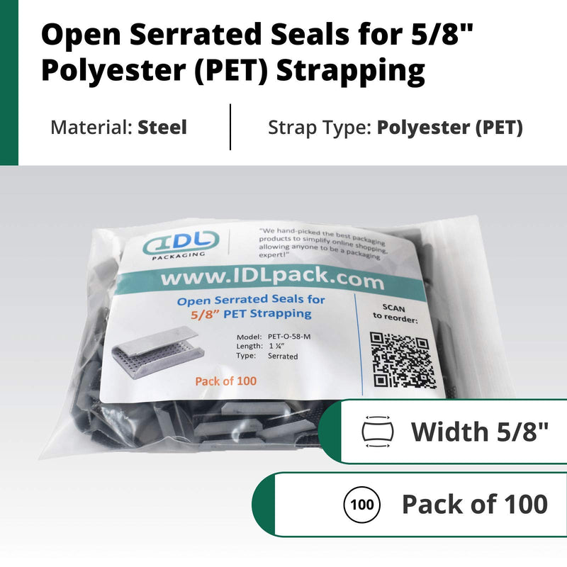 IDL Packaging - PET-O-58-M 5/8" Open Serrated Seals for Polyester (PET) Strapping, 1.25" Length, Pack of 100 Mini Pack