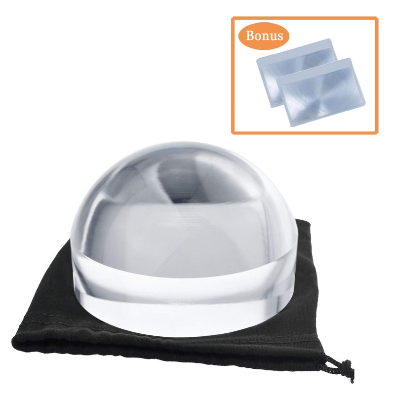 MagDepo Acrylic Dome Magnifier 2.5 inch 4X Crystal Glass Paperweight with 2 Pack of Bonus Card Magnifying Glass Polishing Pouch for Blueprints, Maps, and Newspapers
