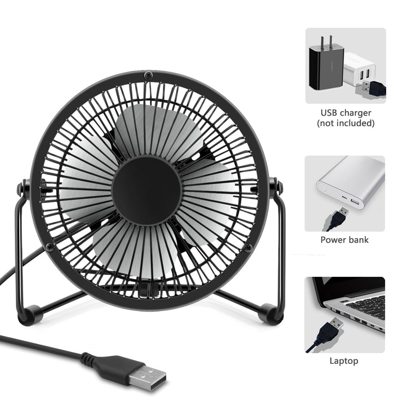 4 Inch Small USB Desk Fan, Mini Quiet Fan with Metal Construction & Strong Airflow & 360Â°Adjustable Tilt Angle, Personal Cooling Fan for Desktop Office (Black) Black