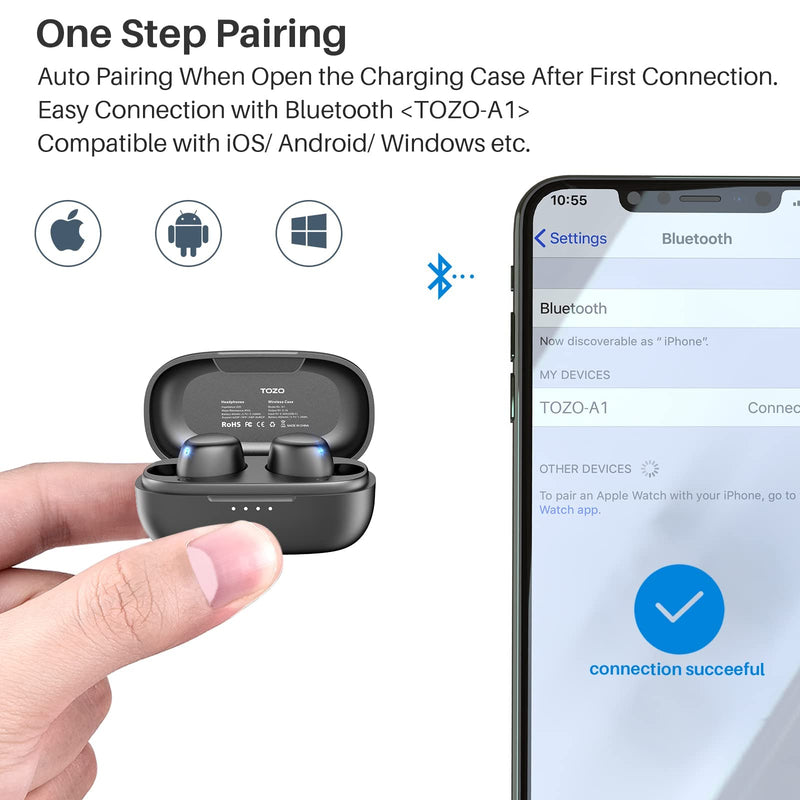 TOZO A1 Mini Wirelessâ€‚Earbudsâ€‚Bluetooth 5.0 in Ear Light-Weight Headphones Built-in Microphone, Immersive Premium Sound Long Distance Connection Headset with Charging Case, Black