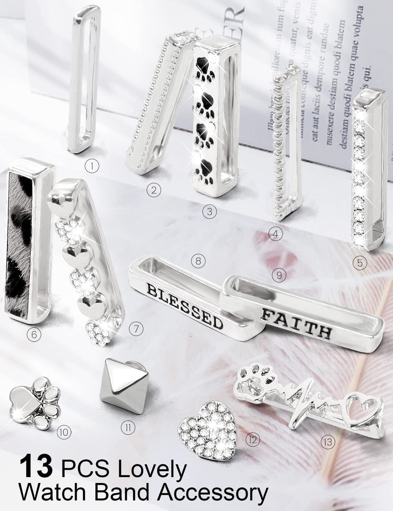 JR.DM 13 Piece Silver Apple Watch Charms With 10-Pcs Decorative Rings Loops & 3-Pcs Classic Clasp, Compatible With Smart Watch 38mm 40mm 41mm 42mm 44mm 45mm Metal Diamond Sliding Strap Accessories for iWatch Series 8 7 6 5 4 3 2 1 (No Watch Band)