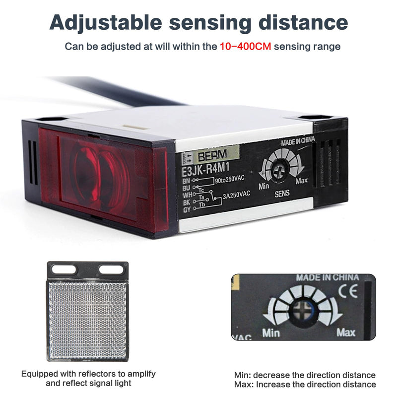 Jadeshay Photoelectric Sensor Switch, Photoelectric Beam Sensor E3JK-R4M1 Reflector Photoelectric Switch AC 90-250V 3A Sensor for Photoelectric Switch E3JK-R4M1Induction Distance 4M