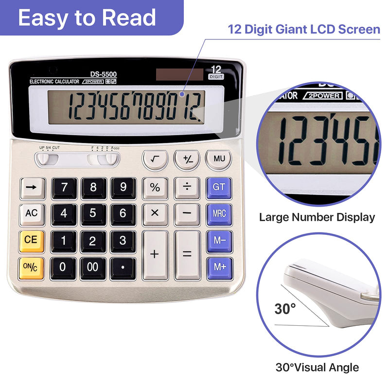 JAWOO Large Display Desk Office Calculator, 12 Digit Desktop Basic Jumbo Adding Machine Standard Function Simple Accounting Calculators with Big Button, Solar and Battery Dual Power (DS-5500) DS-5500 -Silver