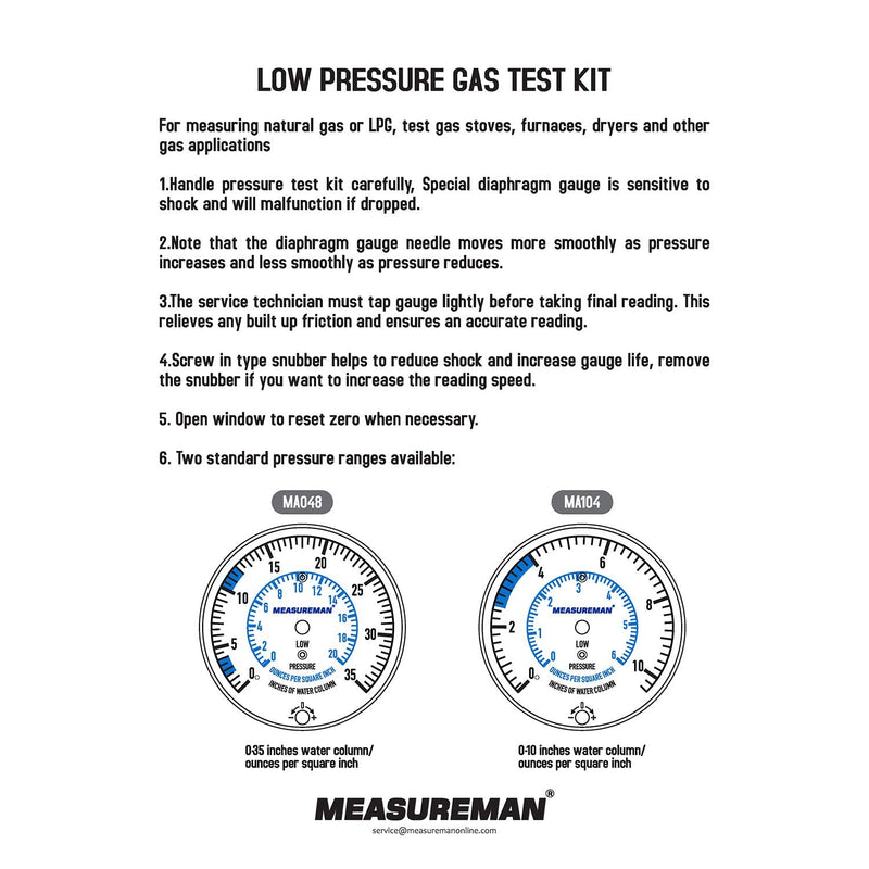 MEASUREMAN Natural Gas or LP Gas Manifold Pressure Test Kit, 0-35 "W.C., 1/4"NPT, 40" Length Hose 0-35inH2O Pressure Test Kit