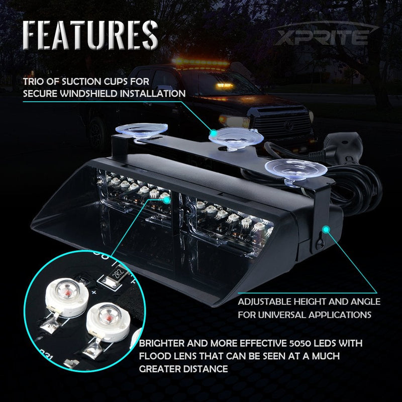 Xprite Red LED Emergency Hazard Warning Strobe Lights, Interior Roof Windshield Visor Dash Deck Flashing Light, w/Suction Cups for Police Volunteer Firefighter Vehicles Trucks #4 Red