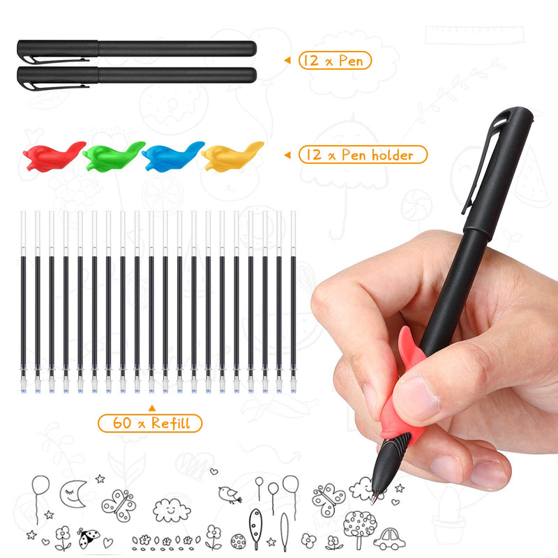 84 Pieces Magic Practice Pen Include 12 Pen, 60 Refills and 12 Pen Holders Auto Disappearing Ink Magic Ballpoint Pens English Version Copybook Reusable for Kids Kindergarten Before School