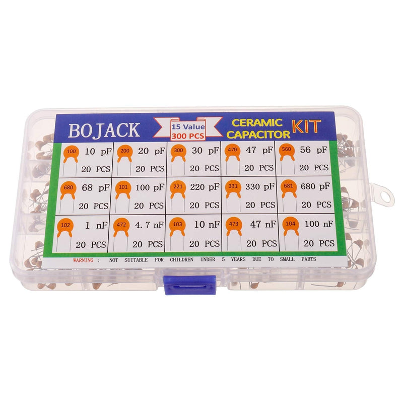 BOJACK 15 Values 300 Pcs Ceramic Capacitor 10 20 30 47 56 68 100 220 330 680 pF & 1 4.7 10 47 100 nF Multilayer Monolithic Ceramic Capacitor Assortment Kit 10pF-680pF,1nF-100nF