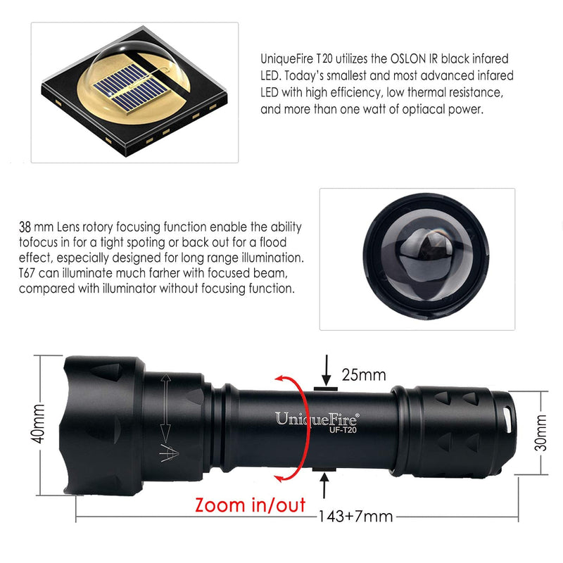 UniqueFire T20 850nm Flashlight, 5W IR Illuminator, Infrared Light, Night Vision Adjustable Focus LED Flashlight, 3 Modes IR Torch with Memory Function for Night Vision Devices
