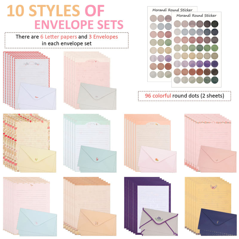 180 Pcs Stationery Papers and Envelopes Set Includes 60 Stationery Envelopes 120 Lined Stationery Writing Paper with 96 Colorful Round Dot Stickers, 10 Designs