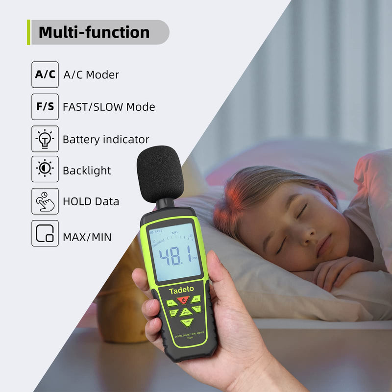 Decibel Meter, Tadeto Sound Level Meter Portable db Meter 30dB to 130dB (5 Measuring Ranges) Backlight LCD Display, MAX/MIN, Audible and Visual Alarms, Data Hold, A/C Weighted Verde