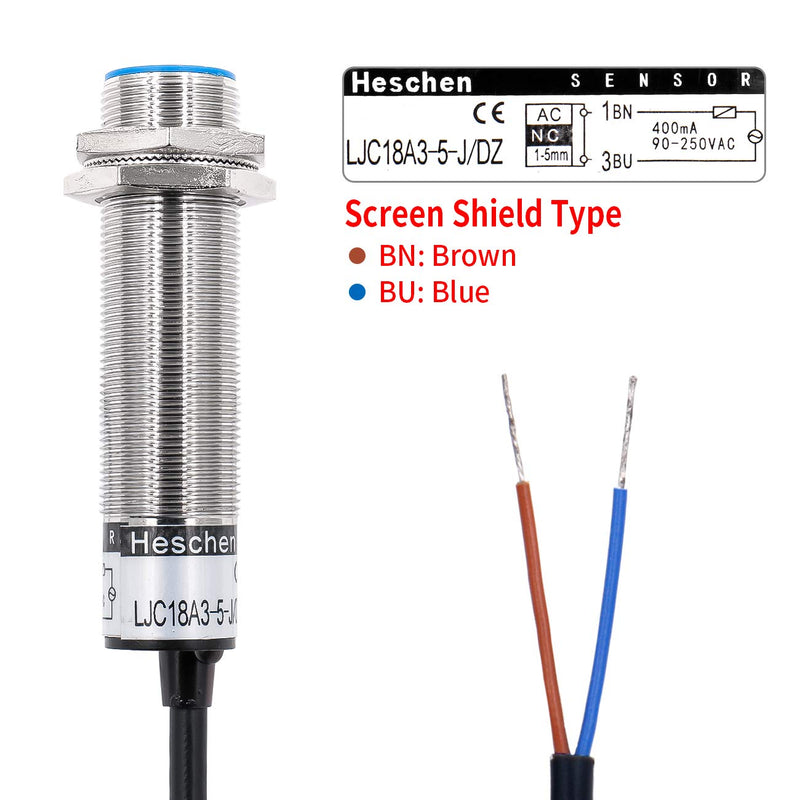 Heschen M18 Capacitive Proximity Sensor Switch Shield Type LJC18A3-5-J/DZ Detection 1-5mm 90-250VAC 400mA Normally Closed(NC) 2 Wires