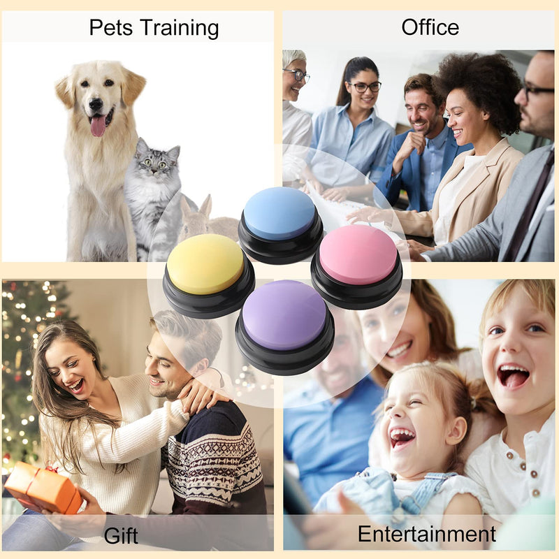 Voice Recording Button, Dog Buttons for Communication Pet Training Buzzer, 20 Second Record & Playback, Funny Gift for Study Office Home 4 Packs (Blue+Pink+Yellow+Purple) PACK A