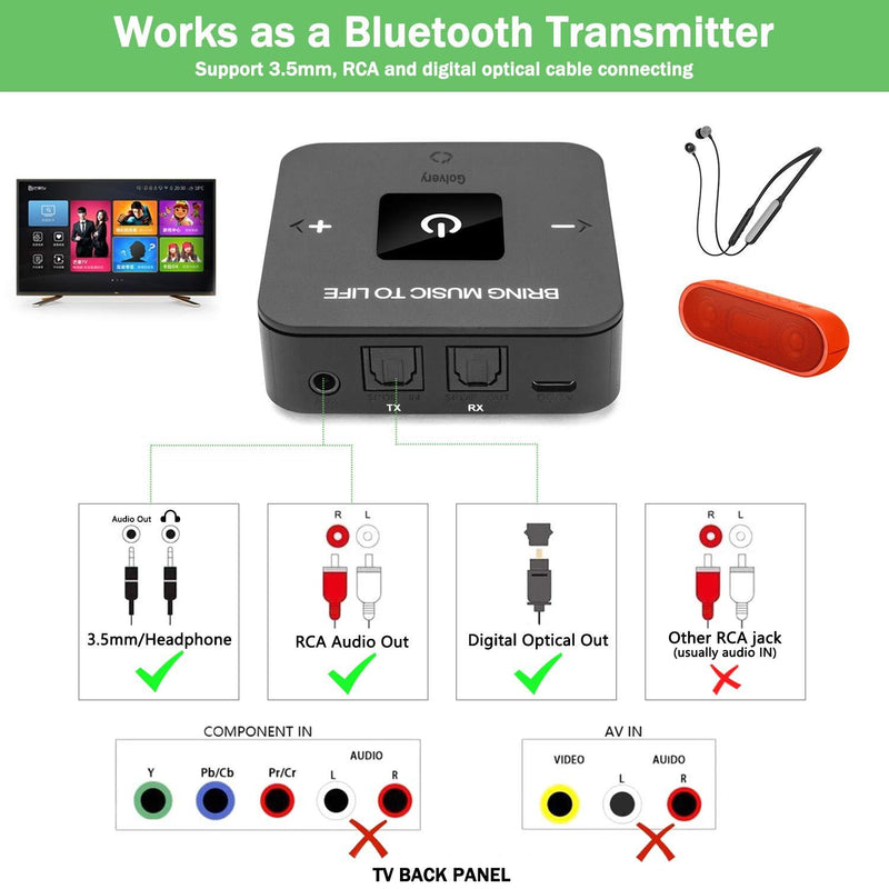Golvery Bluetooth V5.0 Transmitter and Receiver with Optical TOSLINK & 3.5mm Jack Wireless Audio Adapter for TV Headphones Speaker Car Stereo - aptX Low Latency for HiFi Sound 25 Hours Playtime Dark Black