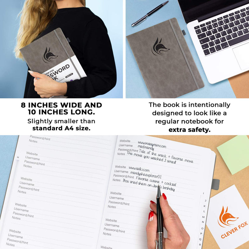 Clever Fox Password Book with tabs. Internet Address and Password Organizer Logbook with Alphabetical tabs. Large Size Password Keeper Journal Notebook for Computer & Website Logins (Grey) Grey Large (7.0 x 10.0 Inch)