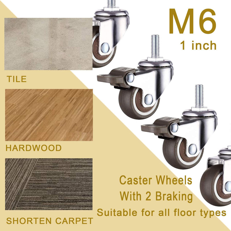 1 Inch Small Wheel Trolley Swivel Caster Wheels M6x 15mm Locking Casters Set of 4(2 with Brakes) for Shopping Carts,33 Lbs Per Stem Caster
