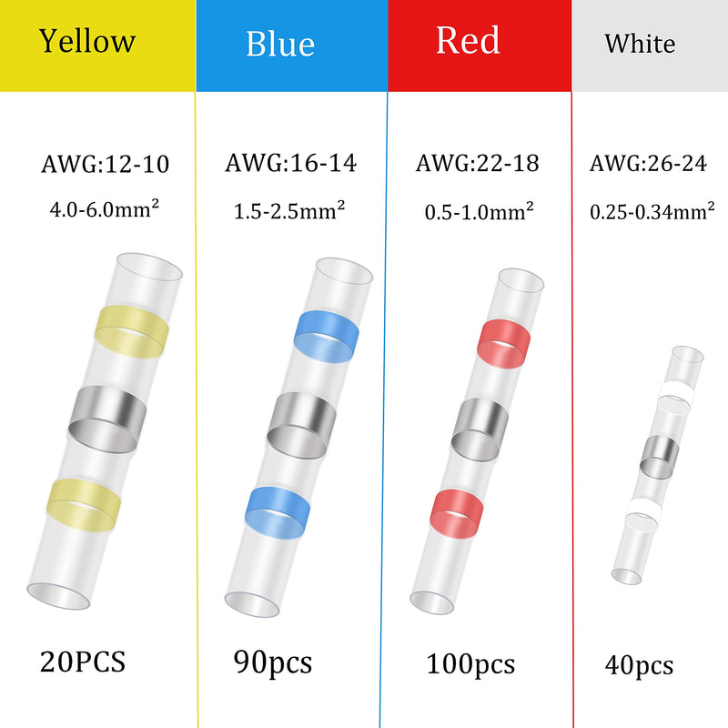 Flytuo 250PCS Solder Seal Wire Connectors, Heat Shrink Solder Butt Connectors, Waterproof Insulated Electrical Butt Splice Wire Terminals for Marine, Aircraft, Boat, Truck, Stereo, Joint