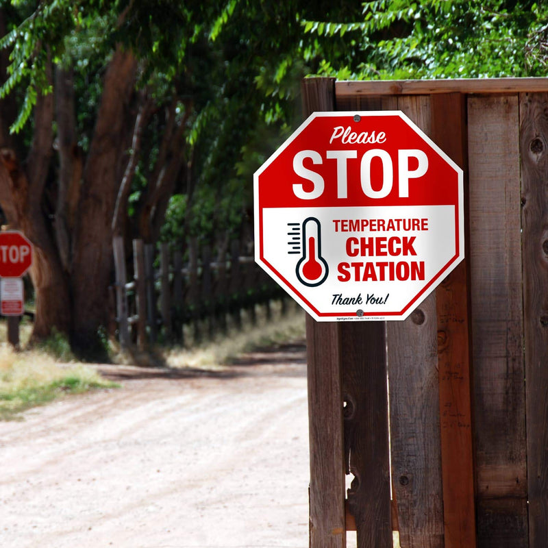 Stop Temperature Check Station Sign, Social Distancing Sign, 12x12 Inches, Rust Free .040 Aluminum, Fade Resistant, Easy Mounting, Indoor/Outdoor Use, Made in USA by Sigo Signs