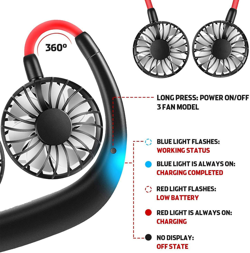 Portable Hanging Neck Sports Fan, Hands Free Personal Wearable Fan-USB Rechargeable Headphone Neckband Fan,3 Speeds,2000mAh,360 Degree Free Rotation Fit for Outdoor Office and Kitchen Black