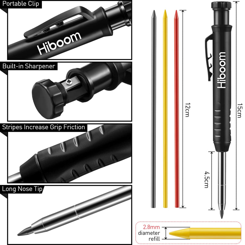 Hiboom Carpenter Pencil Set, 6 Pieces Long Nosed Deep Hole Tip Mechanical Hole Marker with Built in Sharpener and 36 Pcs 2.8 mm Refills for Woodworking Drafting Architect Construction