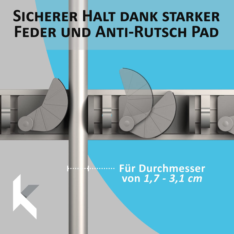 Space-saving device holder for the wall - aluminum profile with 4 individually positionable brackets and 5 hooks [for brooms, garden tools, tools] - ideal in the garage, workshop and garden 1