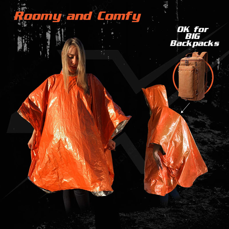 Emergency Blankets & Rain Poncho Hybrid Survival Gear and Equipment – Tough, Waterproof Camping Gear Outdoor Blanket – Retains 90% of Heat + Reflective Side for Increased Visibility – 4 Pack (Orange) Orange