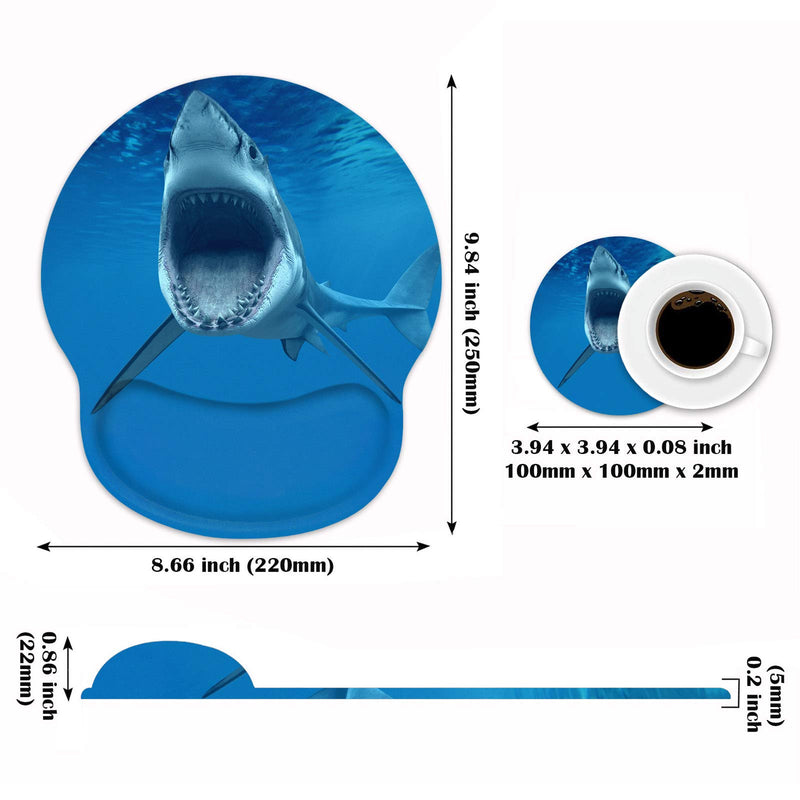 Ergonomic Mouse Pad Wrist Support and Coffee Coaster, Cute Wrist Rest Pad with Non-Slip PU Base for Home Office Working Studying Easy Typing & Pain Relief, Great White Shark