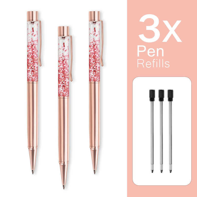 Ballpoint Pens, 3 Pcs Rose Gold Metal Pen Bling Dynamic Liquid Peices Pen with Refills Black Ink for Office Supplies Gift Wedding Birthday