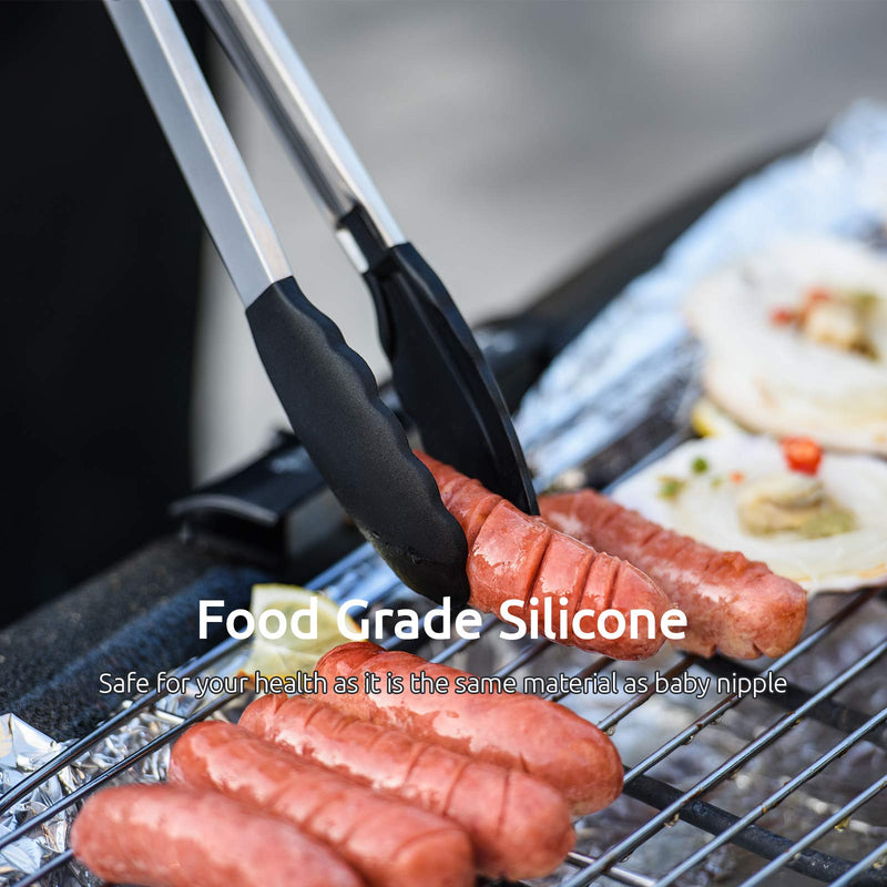 Kitchen Tongs, U-Taste 7/9/12 inches Cooking Tongs, with 600ºF High Heat-Resistant Non-Stick Silicone Tips, 18/8 Stainless Steel Handle, for Food Grill, Salad, BBQ, Frying, Serving, Pack of 3(Black) 600ºF Heat Resistant Black