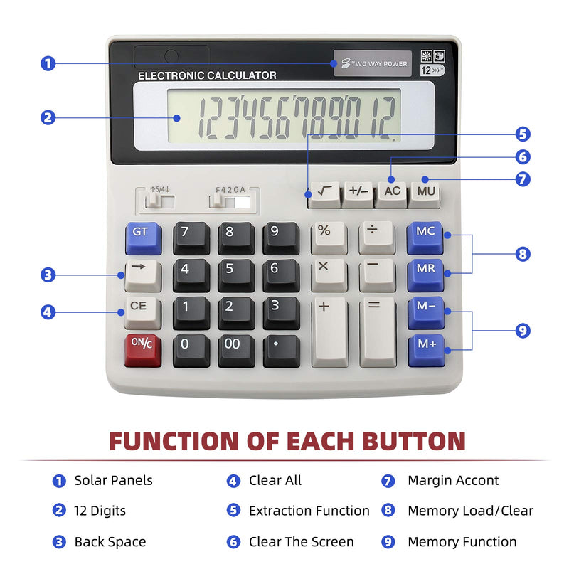 Calculator, Calculators Large Display and Buttons, Solar Battery Dual Power, Big Button 12 Digit Large LCD Display