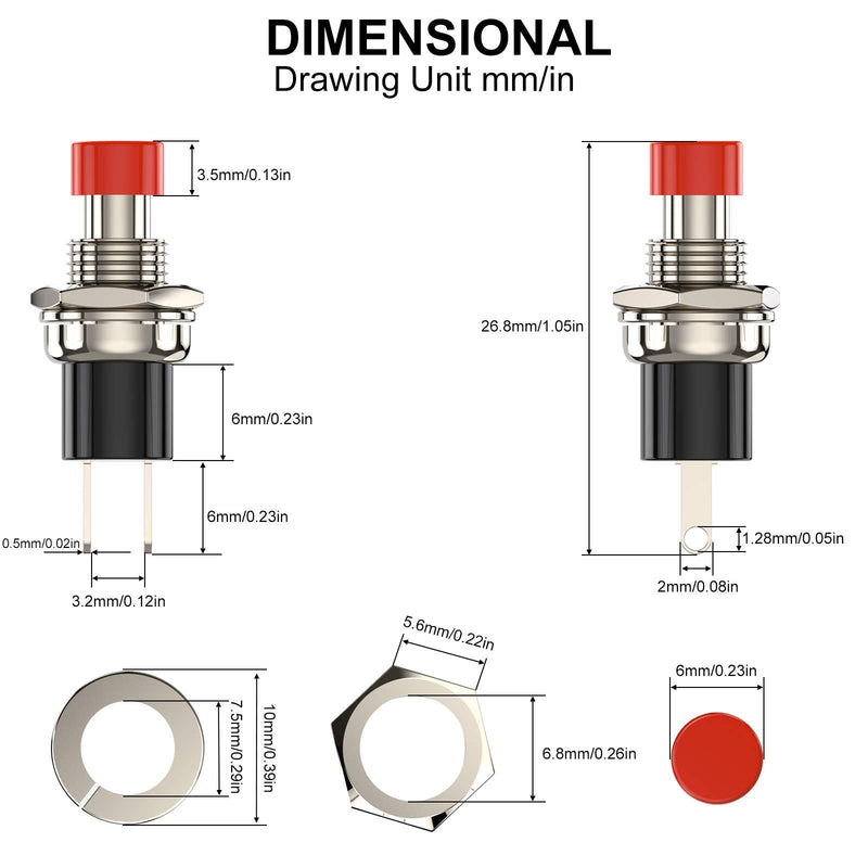 DIYhz Momentary Push Button Switch, 1A 250VAC SPST Mini Pushbutton Switches Normally Open(NO) Red Cap - 20pcs NO-20