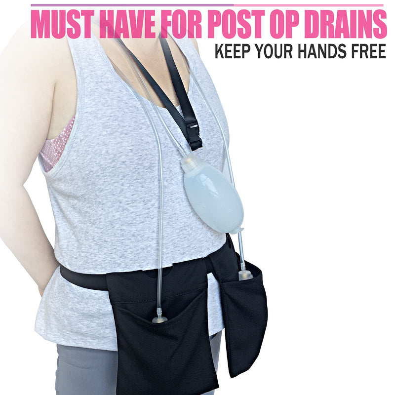 Mastectomy Drainage Holder with Shower Lanyard, Quick Dry Pockets Adjustable for Post Surgery JP Drains Management, Diep Reconstruction/explant Surgery/Tummy Tuck, Black Dwaist+showerlanyard