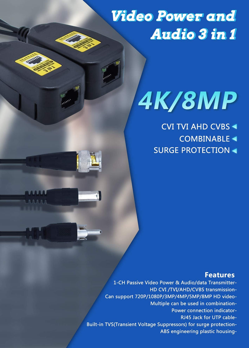 5 Pairs 8MP/4K Passive HD BNC Video Power Audio Balun Transceiver Transmitter Via UTP RJ45 Cable AHD/TVI/CVI/CVBS Cable Connectors for 720P/960P/1080P/3MP/5MP/8MP CCTV Security Cameras